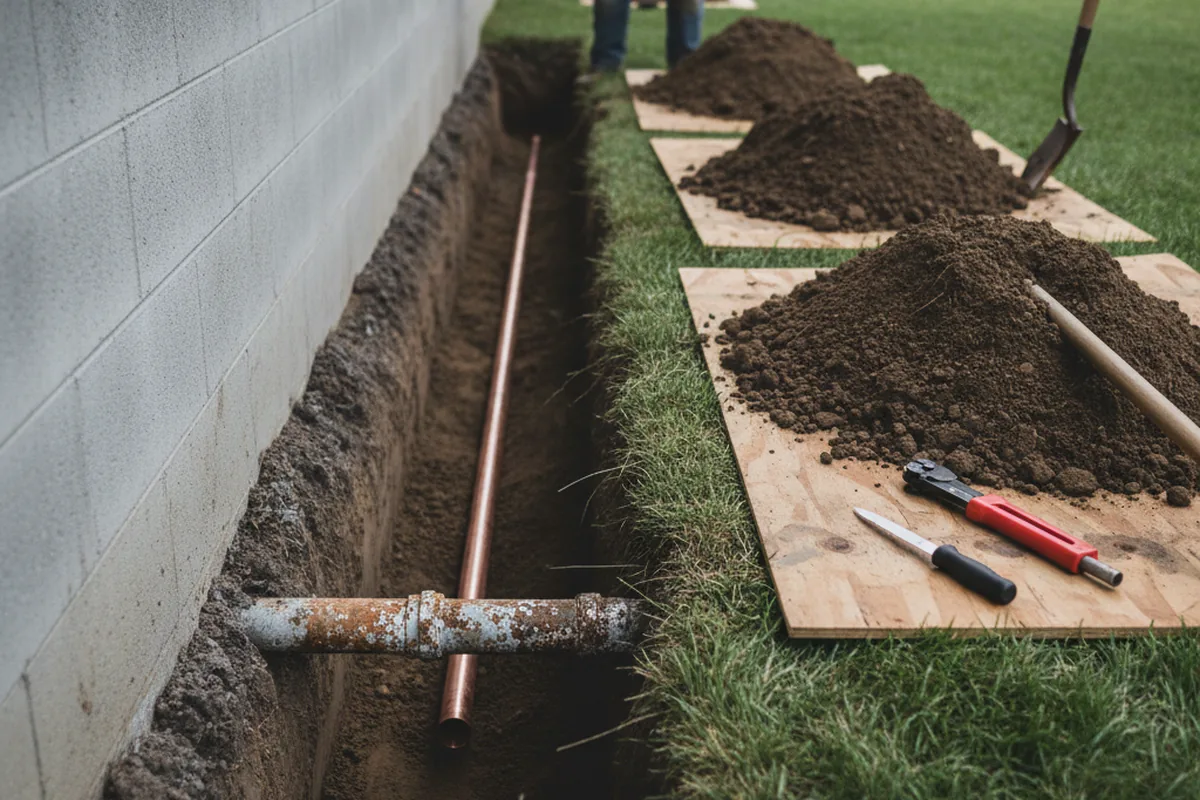 Excavated water line trench during Water Softener Installation in Enterprise